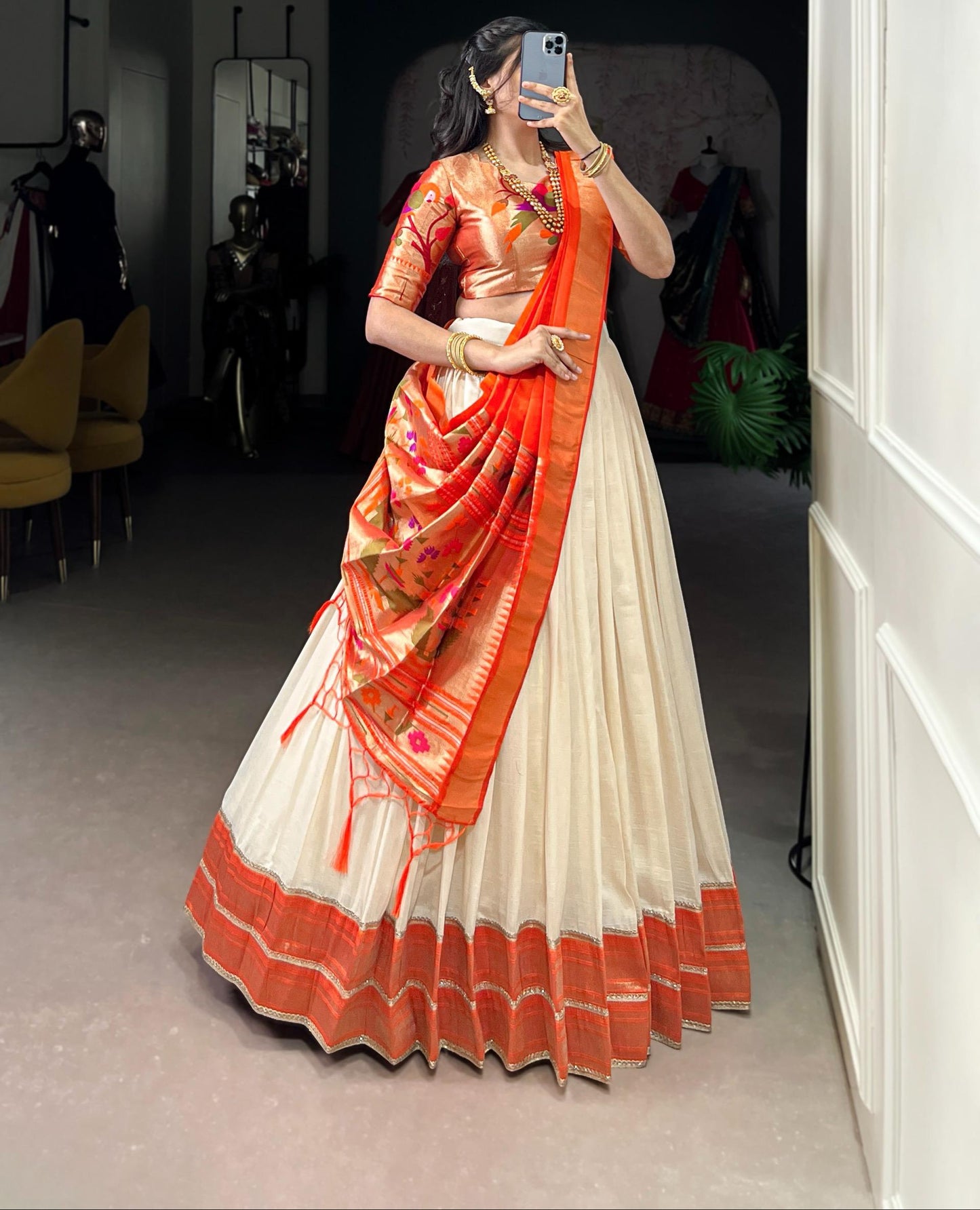 MNL5 Paithani Lehenga Choli Cream Skirt Orange Silk Saree Golden Pink Zari Work