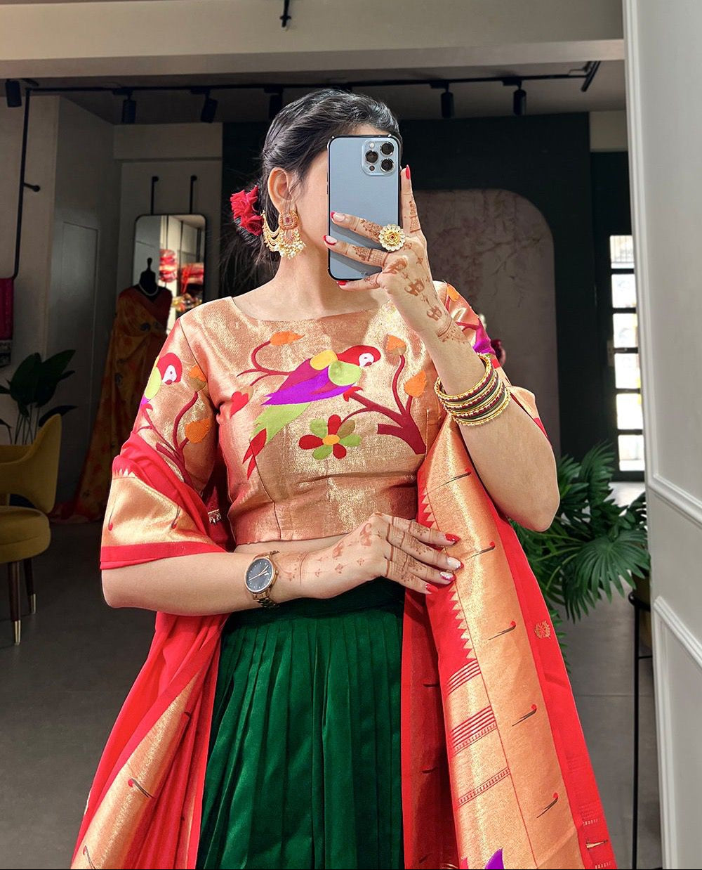 MNL5 Vichitra Silk Paithani Lehenga Choli Green Skirt Golden Zari Blouse Red Dupatta MARTIVA