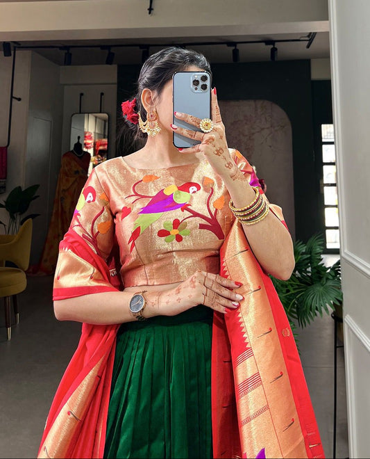 MNL5 Vichitra Silk Paithani Lehenga Choli Green Skirt Golden Zari Blouse Red Dupatta MARTIVA