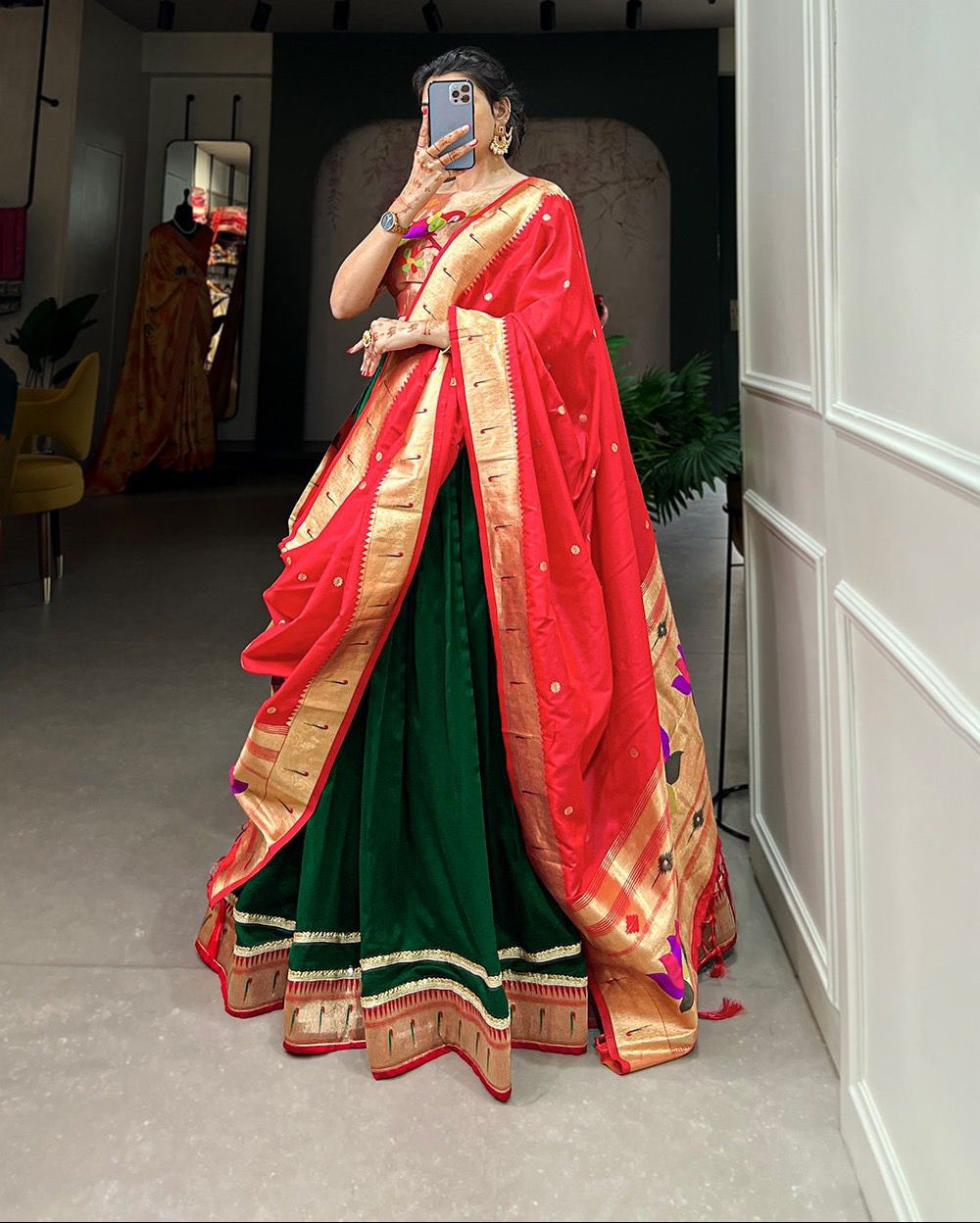 MNL5 Vichitra Silk Paithani Lehenga Choli Green Skirt Golden Zari Blouse Red Dupatta
