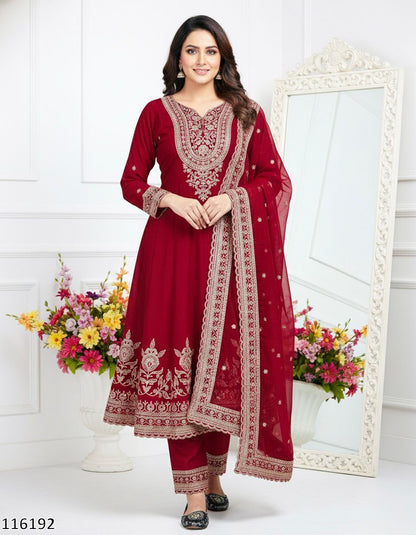  Festive Crimson Red Flared Kurta Pant Set with Traditional Paisley Border and Net Dupatta