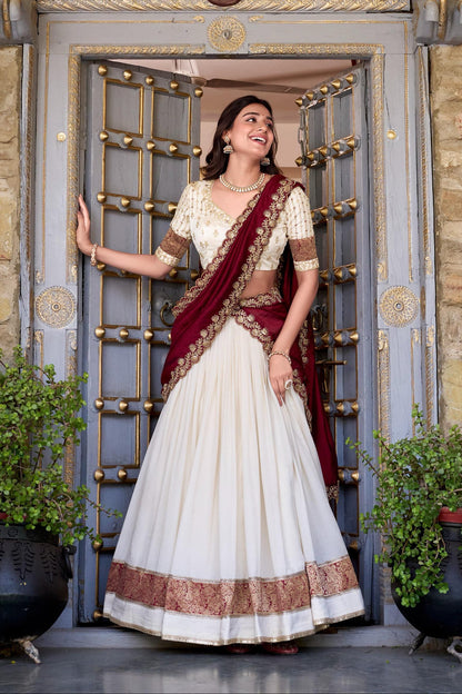 Classic Ivory Silk-Georgette Lehenga Set with Deep Maroon Embroidered Accents