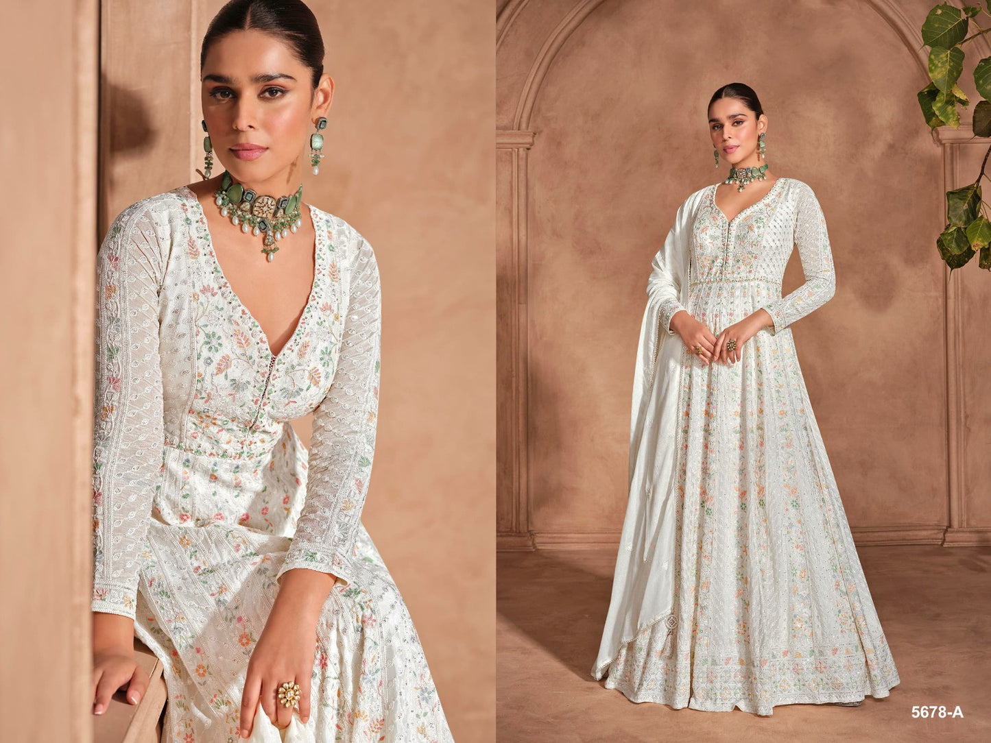  Ivory Long-Sleeve Festive Anarkali Suit Set with Multicolor Pastel Threadwork