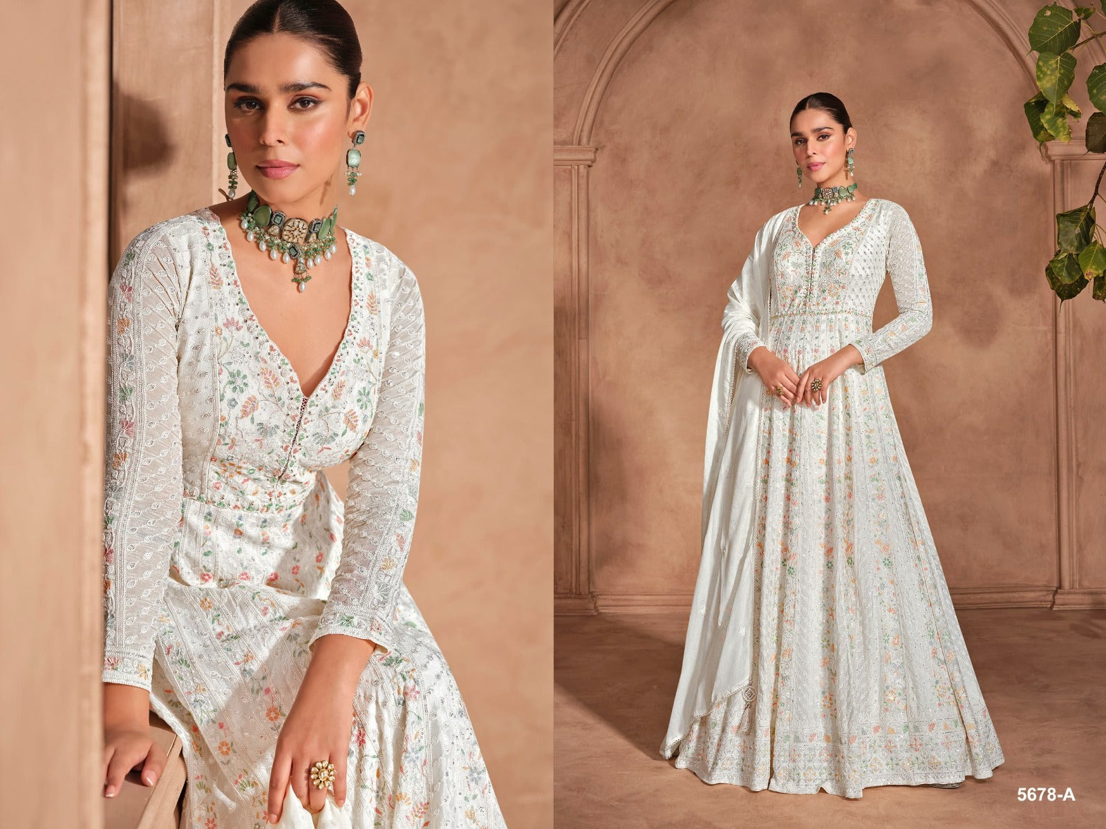  Ivory Long-Sleeve Festive Anarkali Suit Set with Multicolor Pastel Threadwork