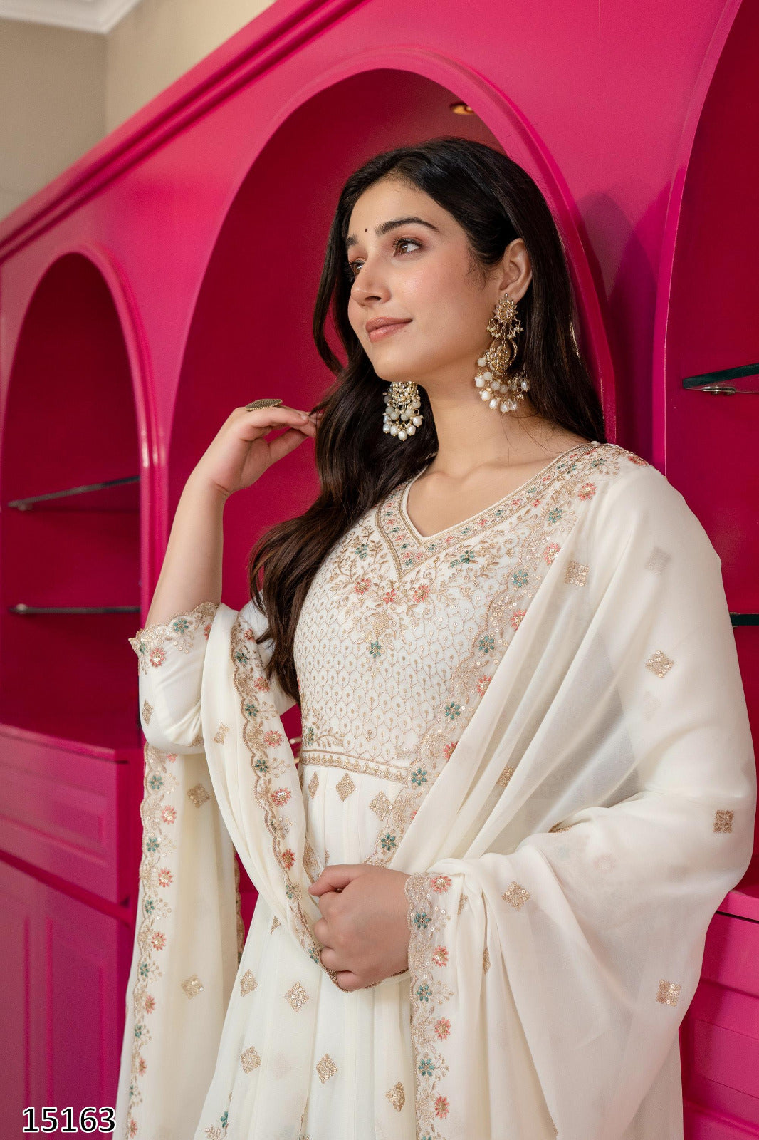Off-White Georgette Heavy Flared Anarkali Suit Set with Multicolor Pastel Floral Embroidery