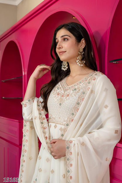 Off-White Georgette Heavy Flared Anarkali Suit Set with Multicolor Pastel Floral Embroidery