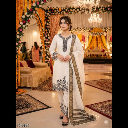  Ivory and Black Embroidered Traditional Kurta Pant Set