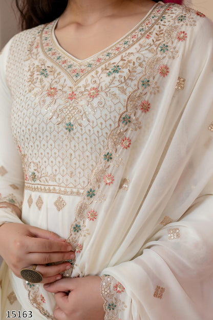 Off-White Pastel Floral Embroidered Festive Anarkali Suit