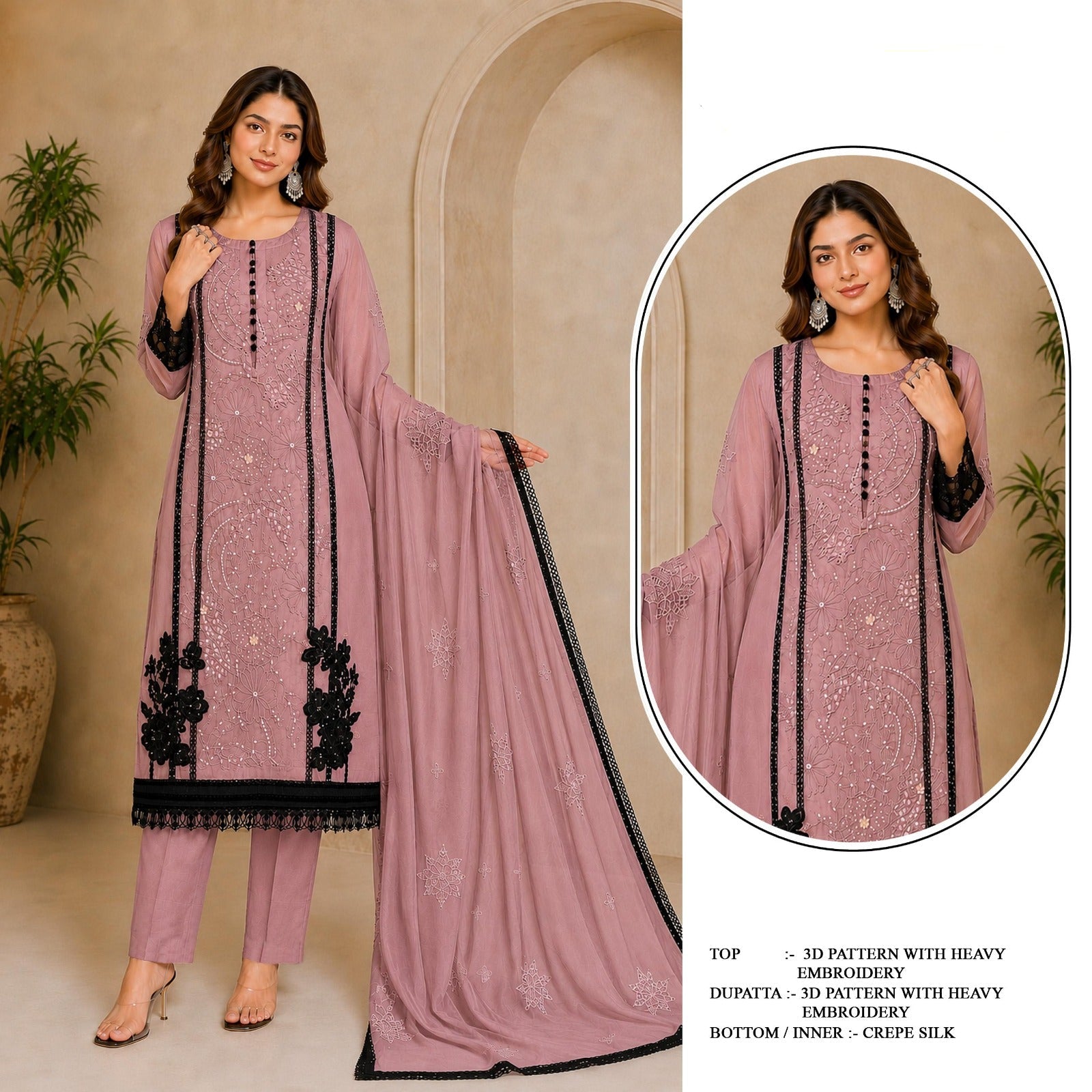 Woman modeling a pink outfit with black embroidery, featuring the brand 'Mah-E-Rooh'.