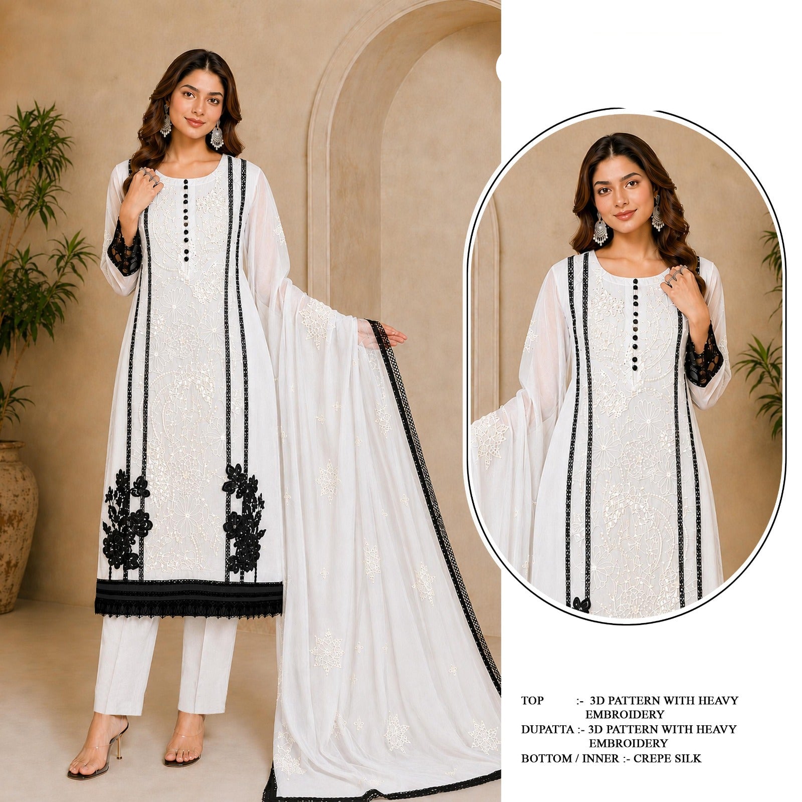 Woman wearing a white and black embroidered outfit with 'MAH-E-ROOH' branding.
