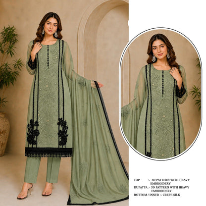 Woman wearing a green outfit with black embroidery, standing next to product details on a beige background.