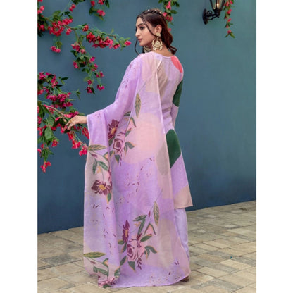 Generic Women's Cotton Blend Printed Kurti With Pant Dupatta Set (Lavender)