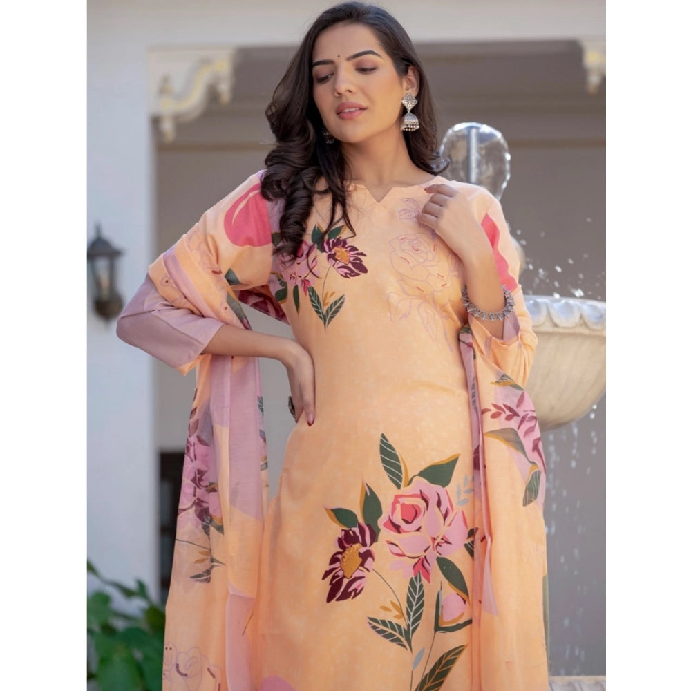Generic Women's Cotton Blend Printed Kurti With Pant Dupatta Set (Orange)