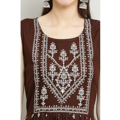 Generic Women's Casual Rayon Sleeveless Kurti (Brown)