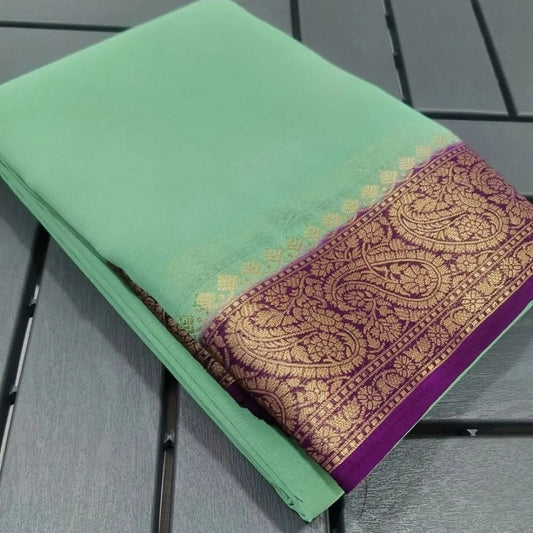 Generic Women's Crepe Chit Pallu Solid Saree With Unstitched Blouse 5.5Mtr (Light Green)