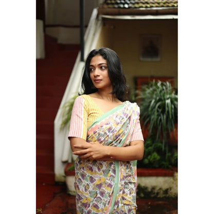 Generic Women's Linen Printed Saree With Unstitched Blouse 5.5Mtr (Multicolor)