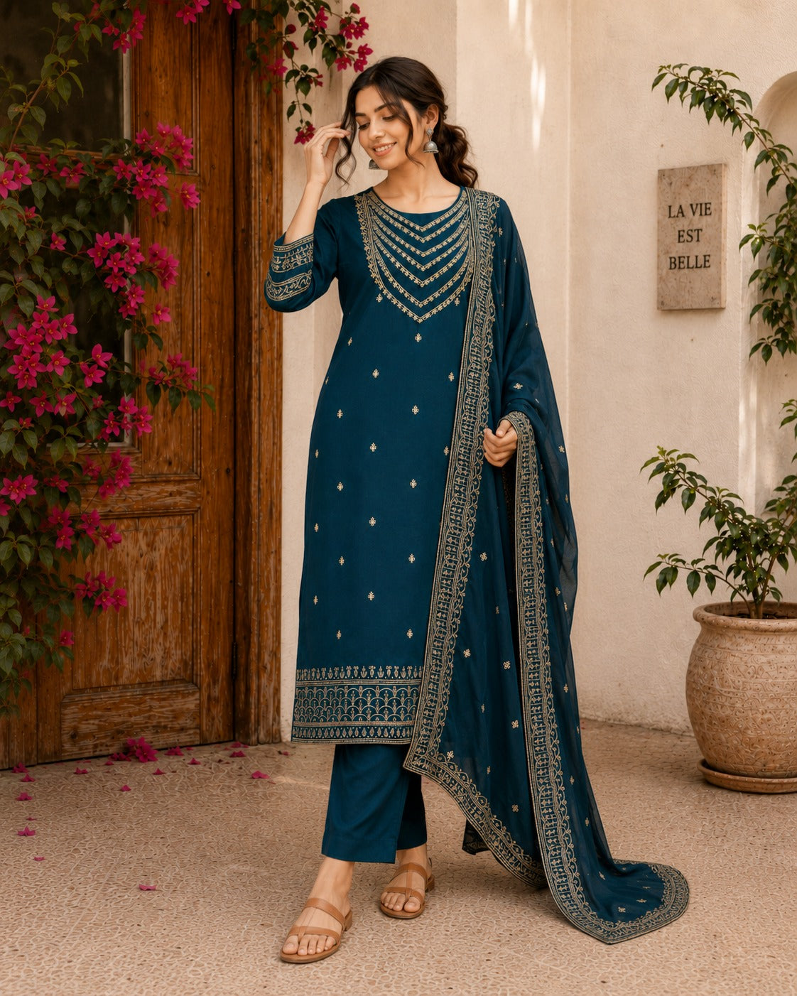  Peacock Blue Zari Embroidered Festive Kurta Set