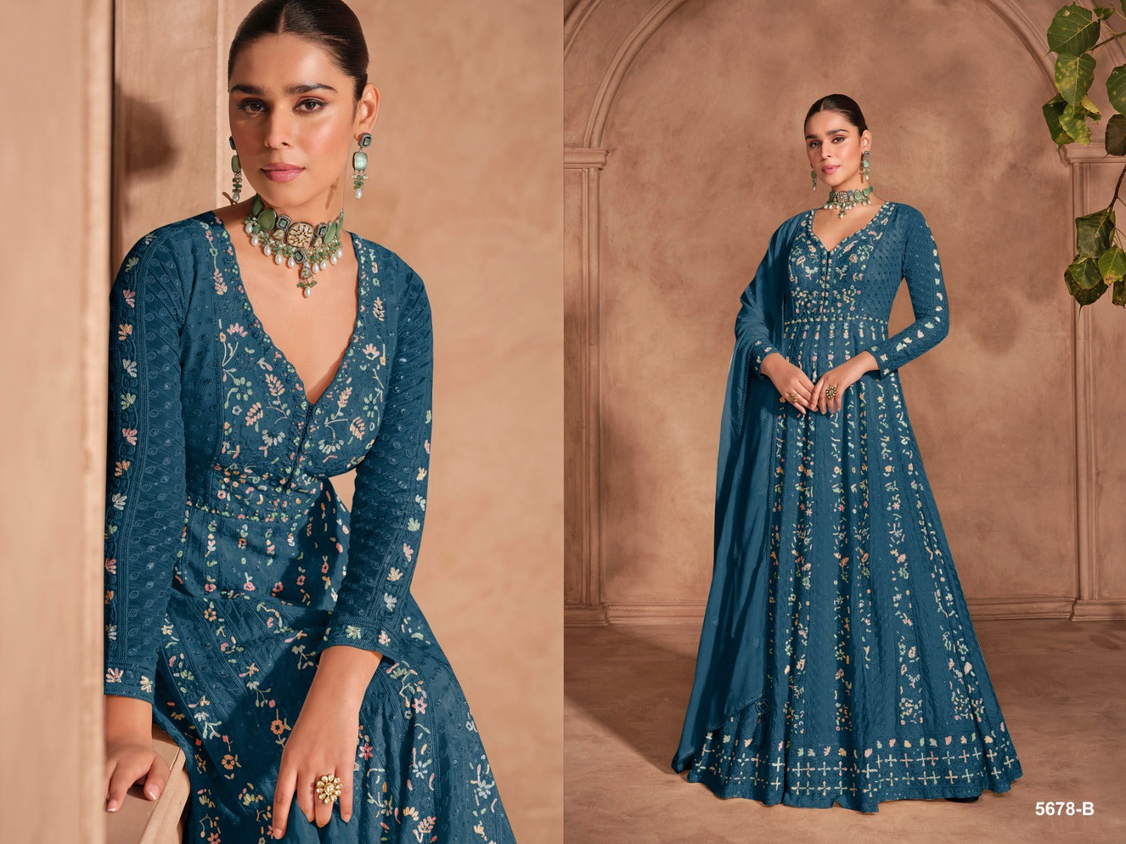 Peacock Blue Long-Sleeve Festive Anarkali Suit Set with Multicolor Pastel Threadwork