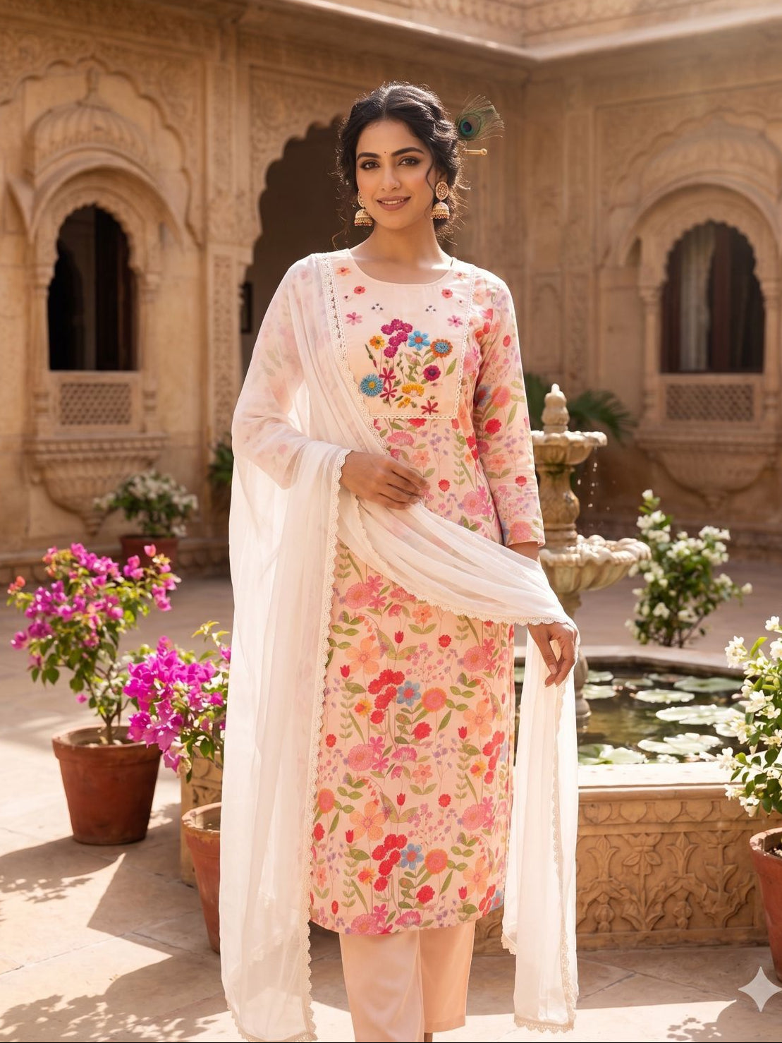 “Beige Cream Linen Cotton Kurti Pant Dupatta Set – MNK1935”

