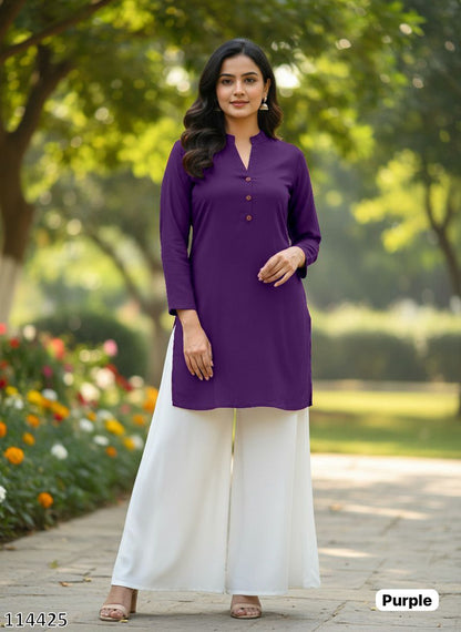  Deep Violet Mandarin Collar Short Tunic and Wide-Leg Palazzo Set
