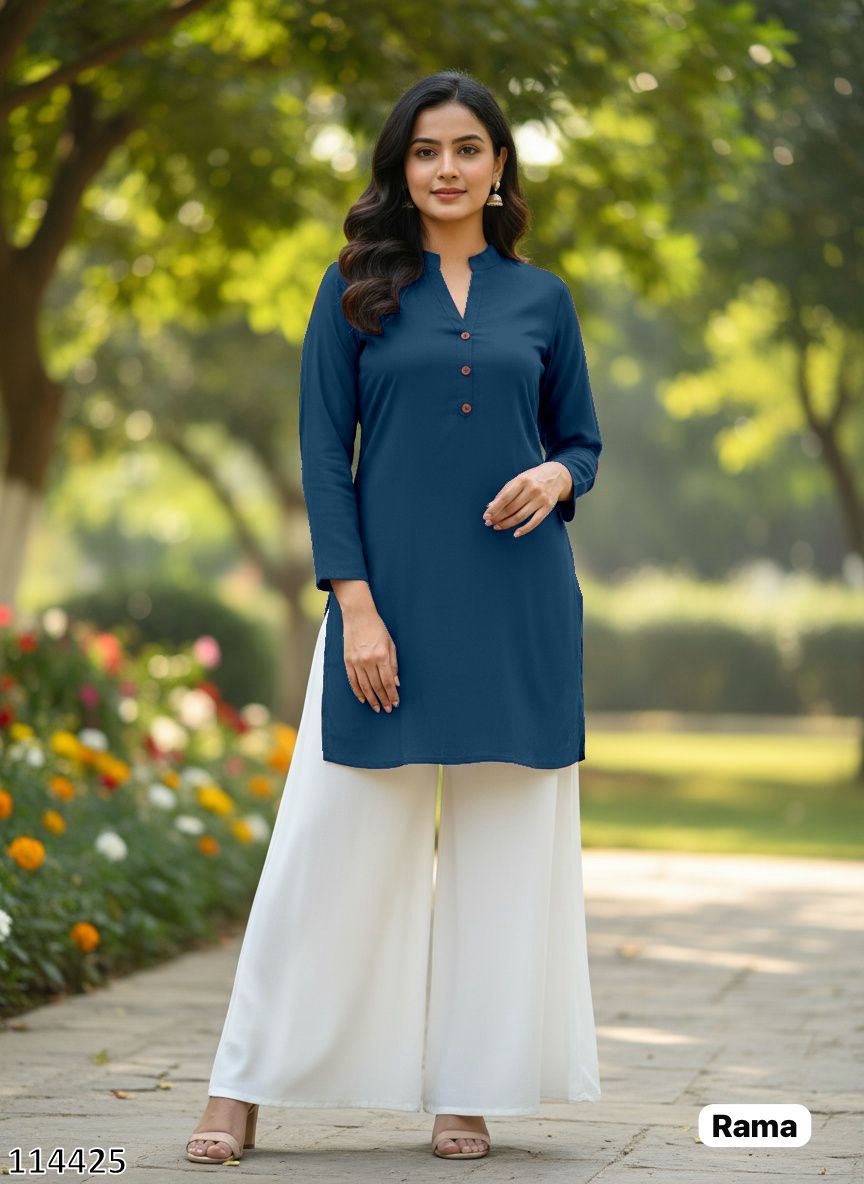 Slate Teal Mandarin Collar Short Tunic and Wide-Leg Palazzo Set