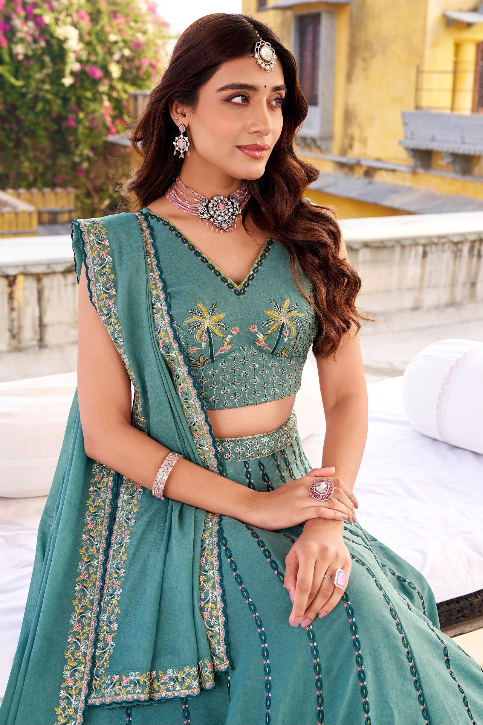 Sea Green Georgette Festive Lehenga Set with Intricate Floral Border Embroidery