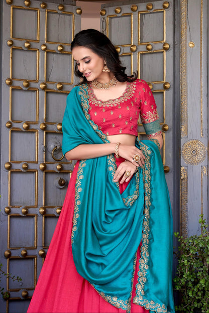  Festive Rani Pink Silk Lehenga Set with Heavy Zardosi Embroidery and Teal Scalloped Dupatta