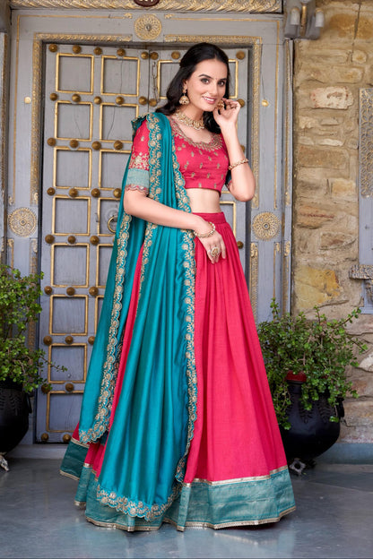 Vibrant Pink and Teal Silk Embroidered Lehenga Set with Scalloped Border