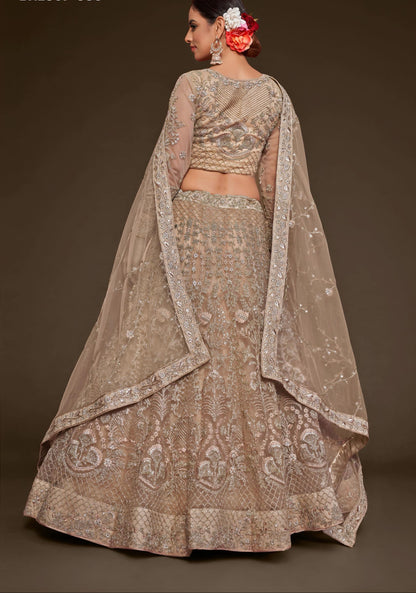 Woman wearing a traditional embroidered outfit with a brown background