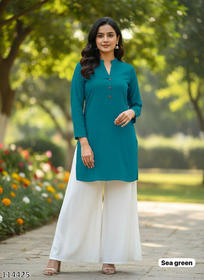  Soft Teal Mandarin Collar Short Tunic and Wide-Leg Palazzo Set