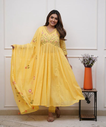 Festive Lemon Yellow Flared Anarkali Kurta Pant Set with Embroidered Floral Bodice