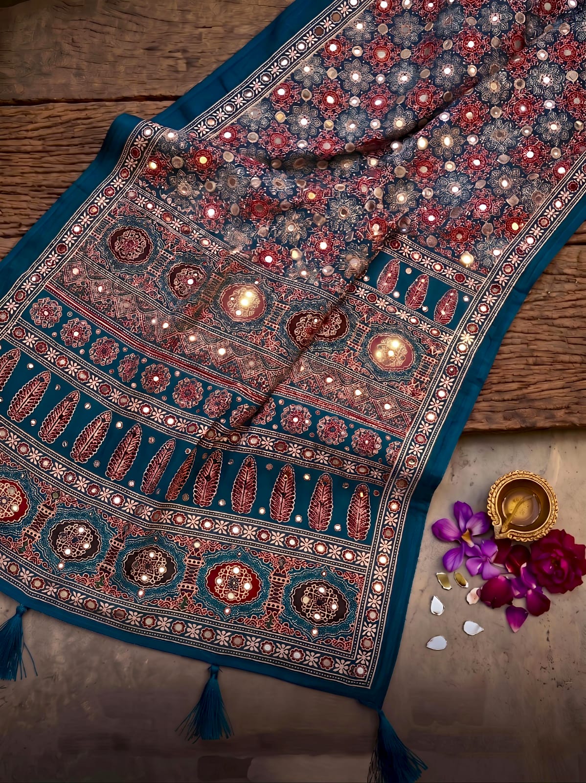 Soft Crepe Silk with Beautiful Ajarkh Print in Saree-LH001