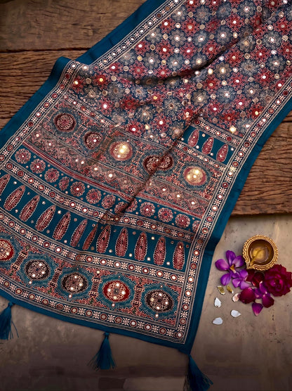 Soft Crepe Silk with Beautiful Ajarkh Print in Saree-LH001
