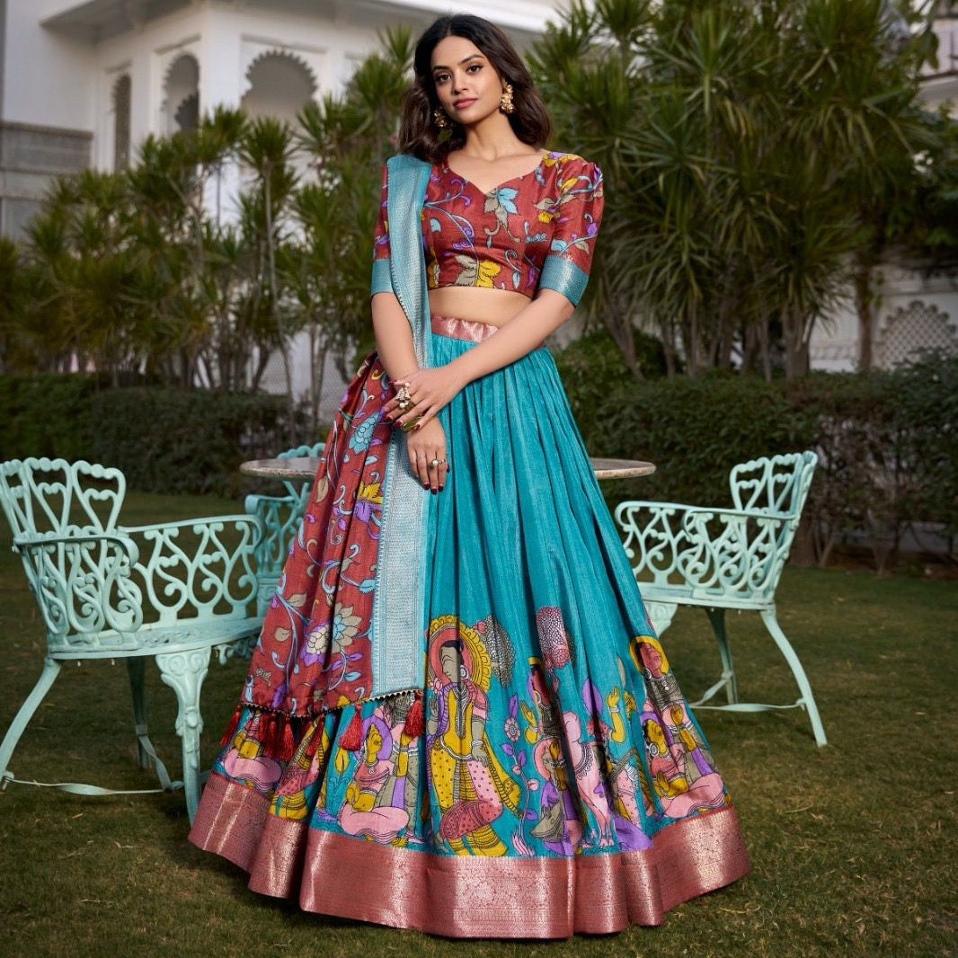 Lehenga Choli Kalamkari Print With Zari Weaving Border - BNL62