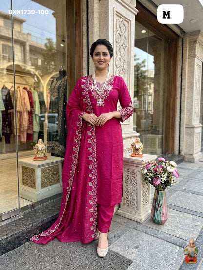 Premium Roman Silk Kurti & Pant With Hevay Chanderi Dupatta With Digital  Print With Latkan( BNK1739)(