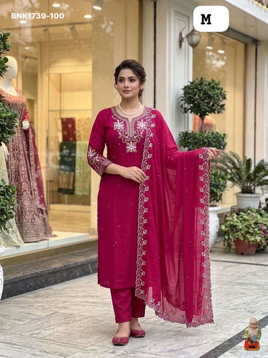 Premium Roman Silk Kurti & Pant With Hevay Chanderi Dupatta With Digital  Print With Latkan( BNK1739)(