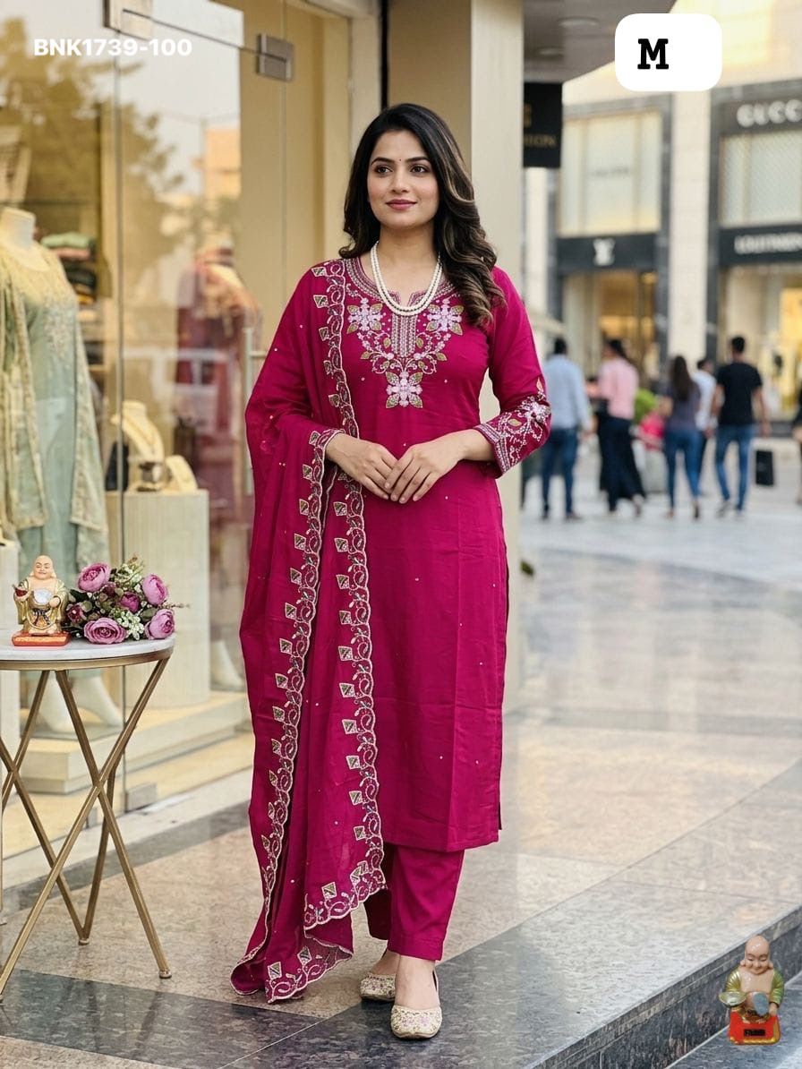 Premium Roman Silk Kurti & Pant With Hevay Chanderi Dupatta With Digital  Print With Latkan( BNK1739)(