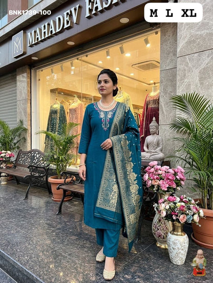 Premium Roman Silk Kurti & Pant With Hevay Chanderi Dupatta With Digital  Print With Latkan( BNK1739)(