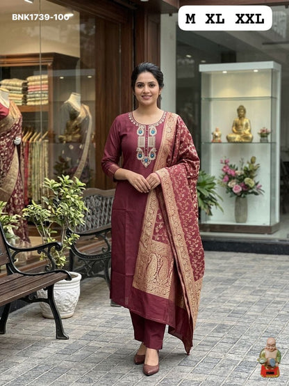 Premium Roman Silk Kurti & Pant With Hevay Chanderi Dupatta With Digital  Print With Latkan( BNK1739)(
