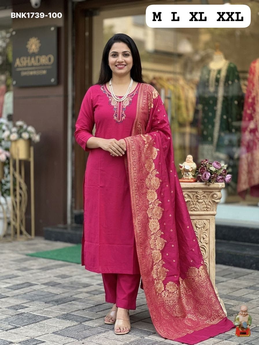 Premium Roman Silk Kurti & Pant With Hevay Chanderi Dupatta With Digital  Print With Latkan( BNK1739)(