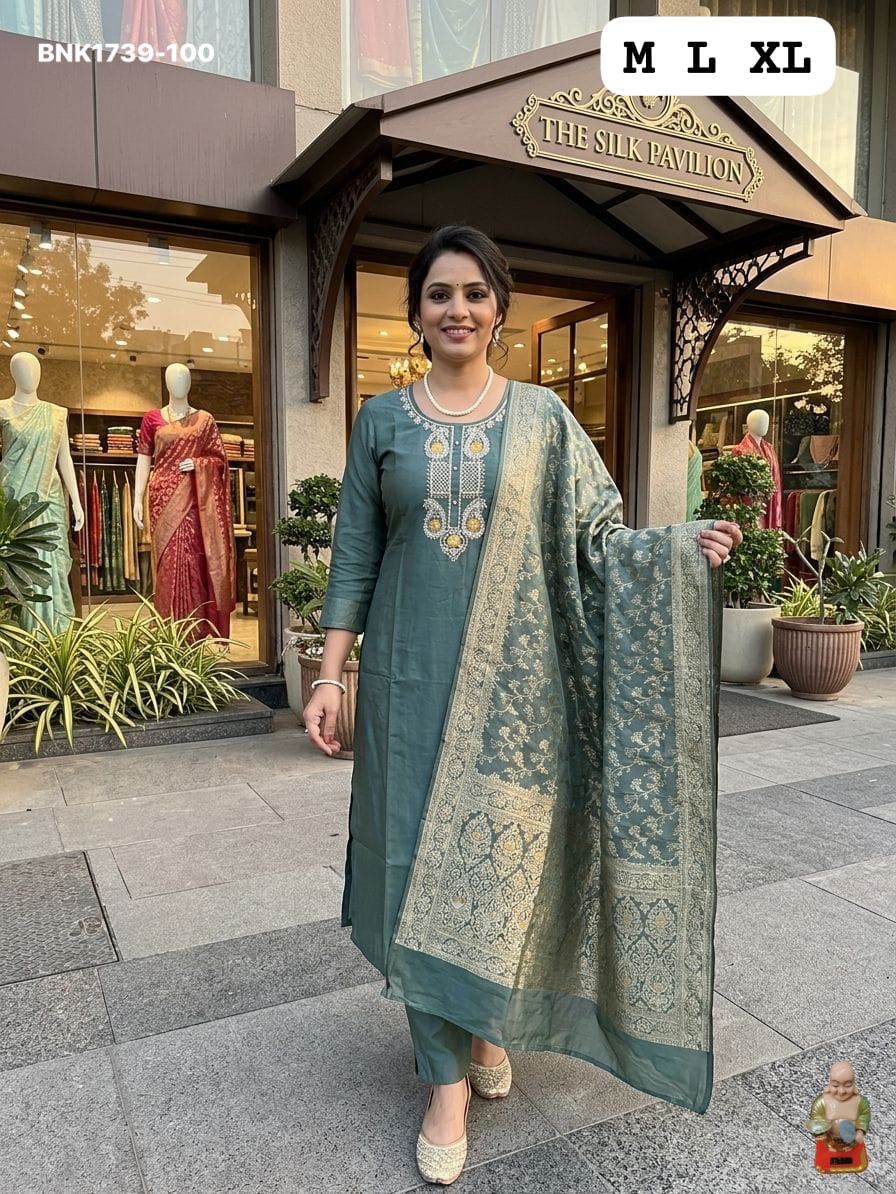 Premium Roman Silk Kurti & Pant With Hevay Chanderi Dupatta With Digital  Print With Latkan( BNK1739)(