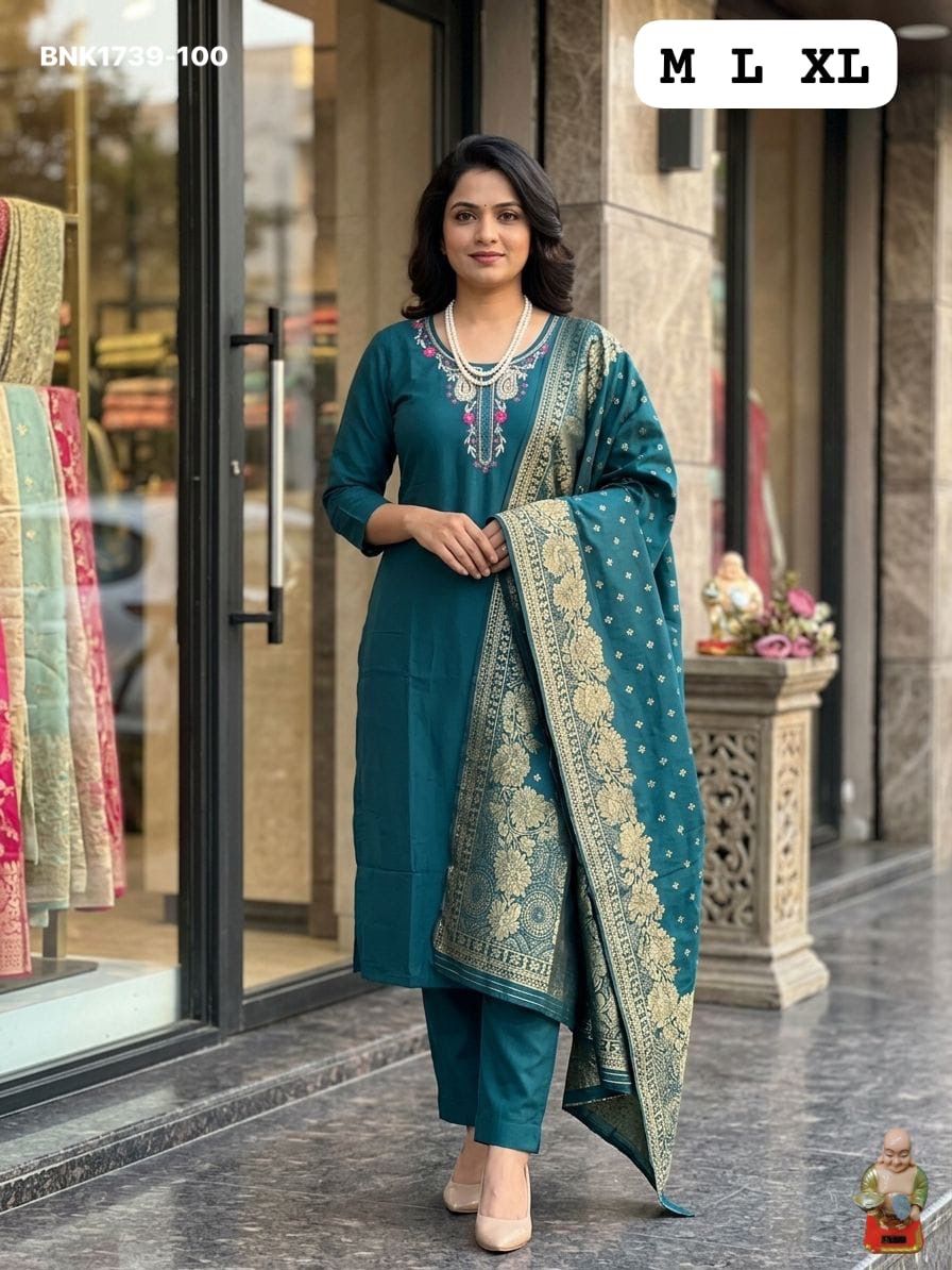 Premium Roman Silk Kurti & Pant With Hevay Chanderi Dupatta With Digital  Print With Latkan( BNK1739)(
