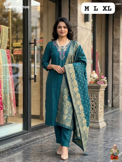 Premium Roman Silk Kurti & Pant With Hevay Chanderi Dupatta With Digital  Print With Latkan( BNK1739)(