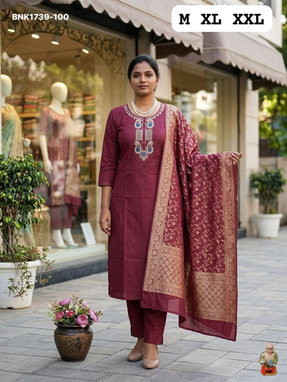 Premium Roman Silk Kurti & Pant With Hevay Chanderi Dupatta With Digital  Print With Latkan( BNK1739)(