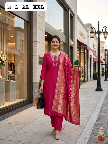 Premium Roman Silk Kurti & Pant With Hevay Chanderi Dupatta With Digital  Print With Latkan( BNK1739)(
