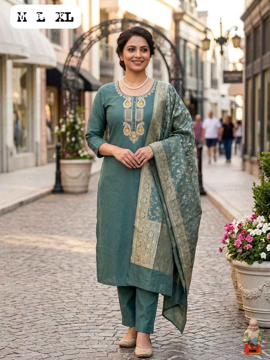 Premium Roman Silk Kurti & Pant With Hevay Chanderi Dupatta With Digital  Print With Latkan( BNK1739)(