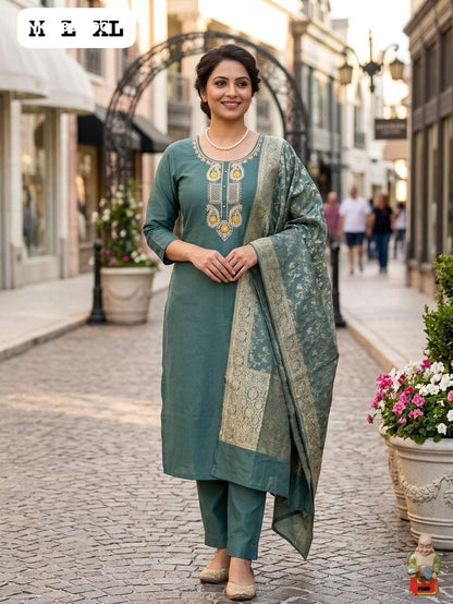 Premium Roman Silk Kurti & Pant With Hevay Chanderi Dupatta With Digital  Print With Latkan( BNK1739)(