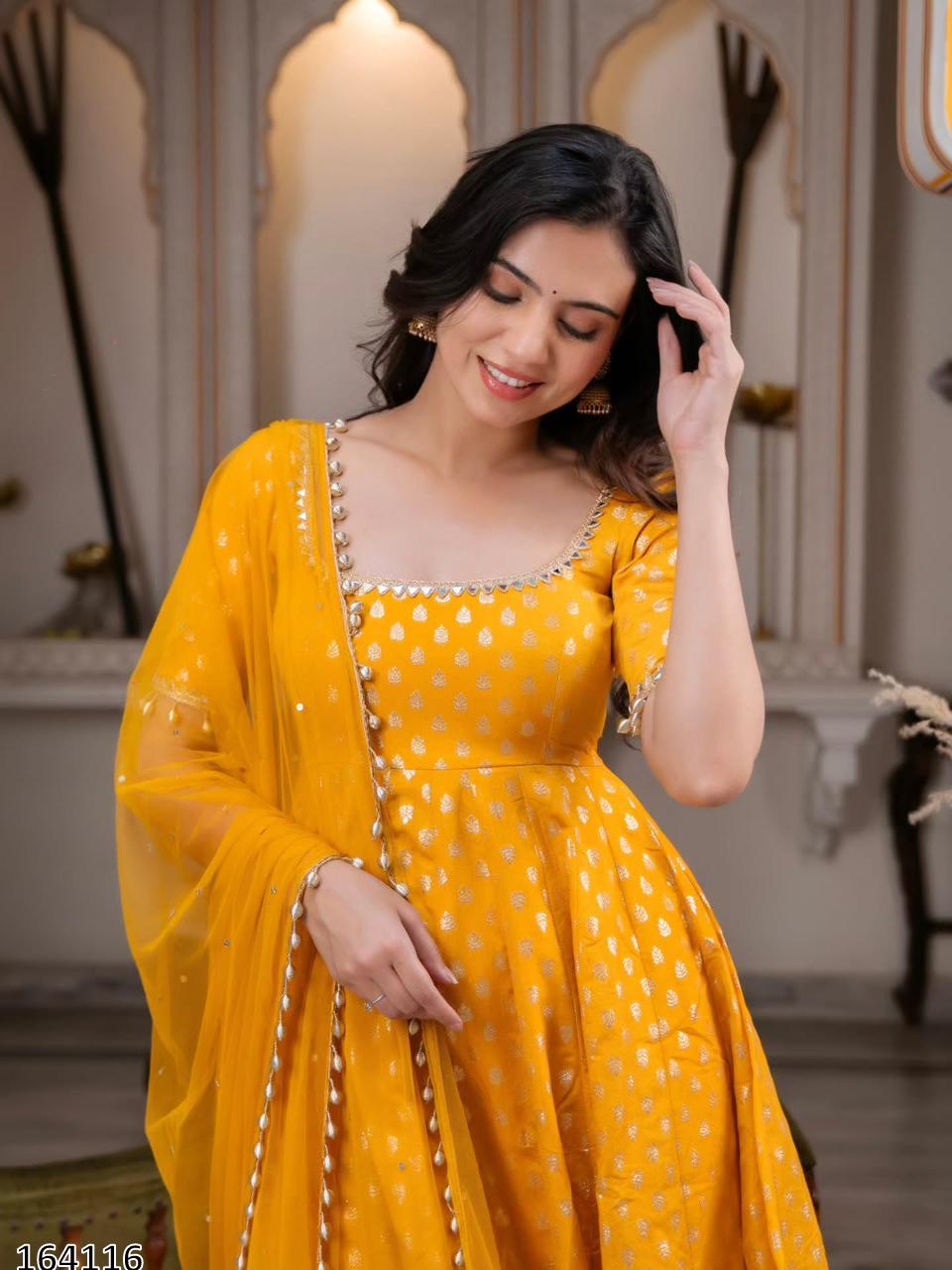 Chanderi Jacquard Butti With Embroidery Work Gown And Dupatta Set Fully Stitched  MRN 164116