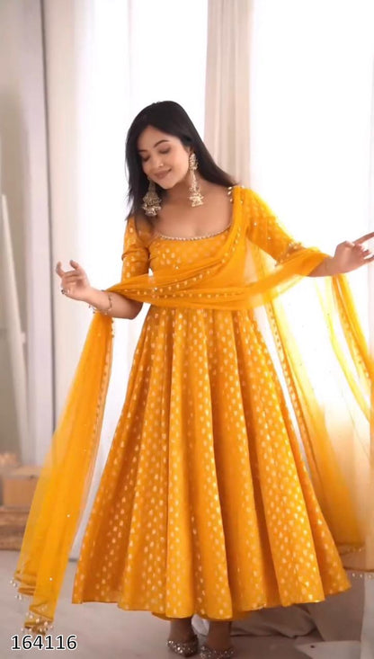 Chanderi Jacquard Butti With Embroidery Work Gown And Dupatta Set Fully Stitched  MRN 164116