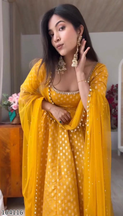 Chanderi Jacquard Butti With Embroidery Work Gown And Dupatta Set Fully Stitched  MRN 164116